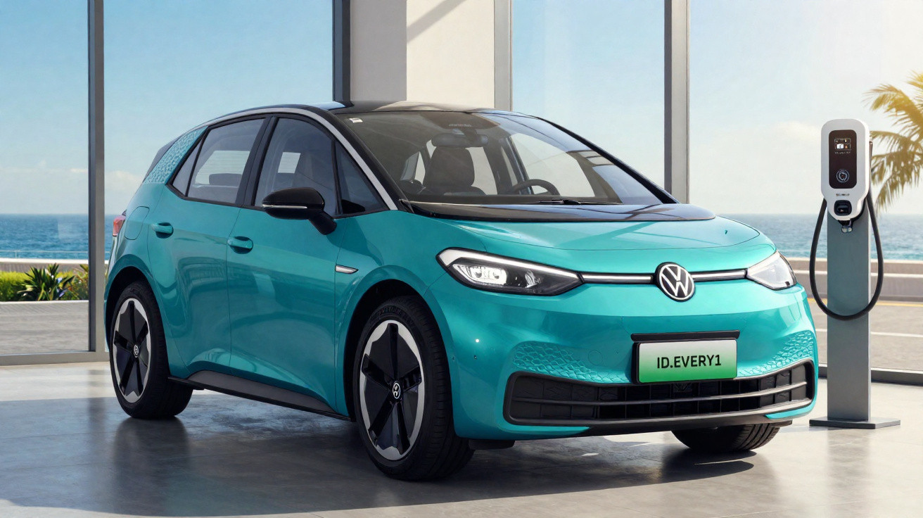 Teal Volkswagen ID.3 electric car parked indoors next to a charging station with ocean view outside.
