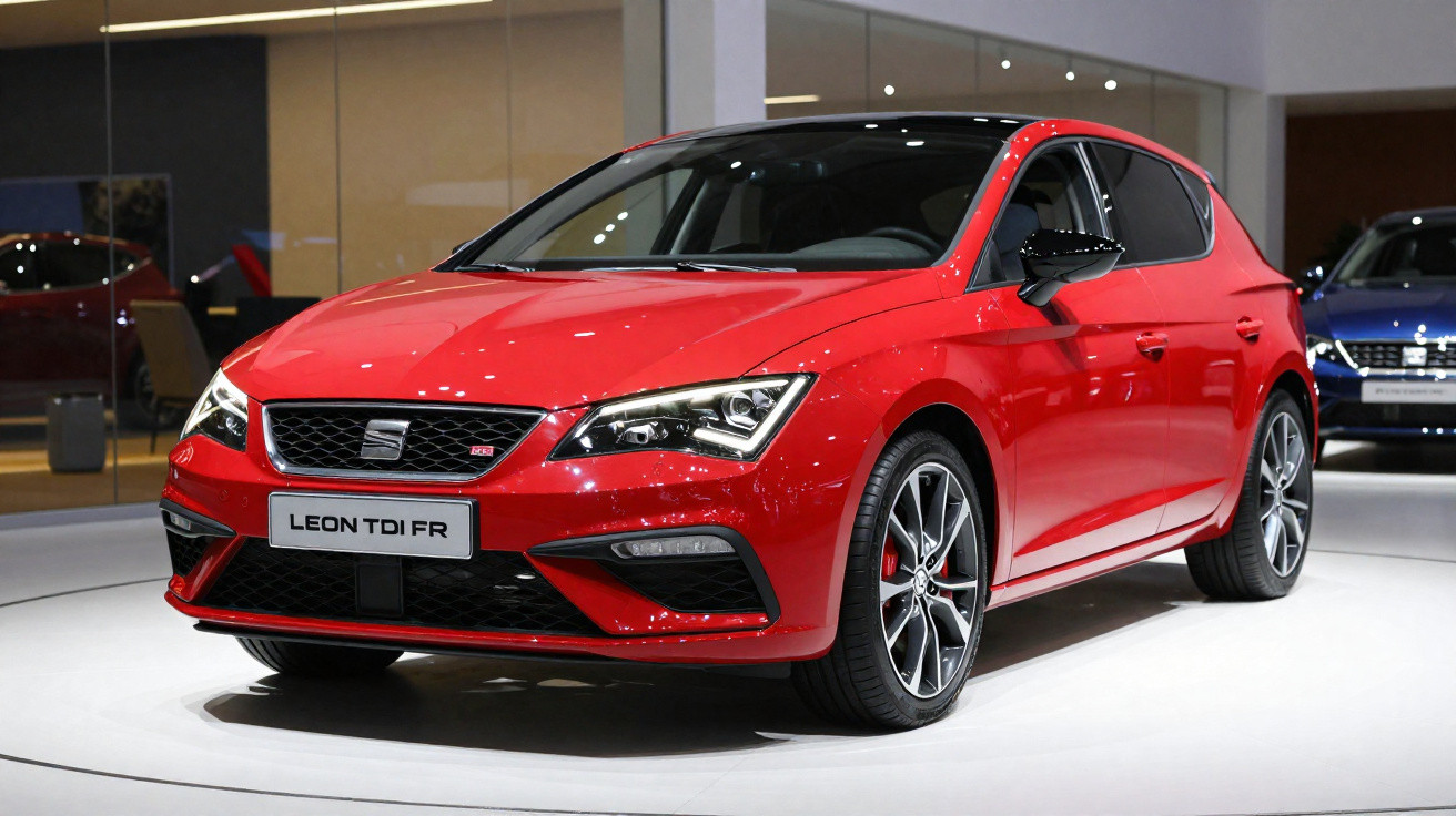 Red SEAT Leon TDI FR hatchback car displayed indoors on a white circular platform.