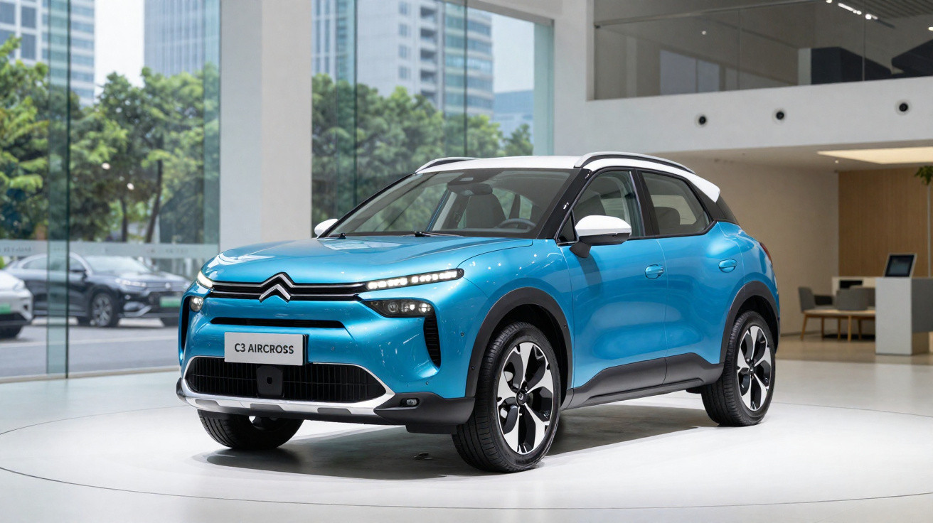 Blue Citroën C3 Aircross compact SUV displayed in a modern showroom with large glass windows.