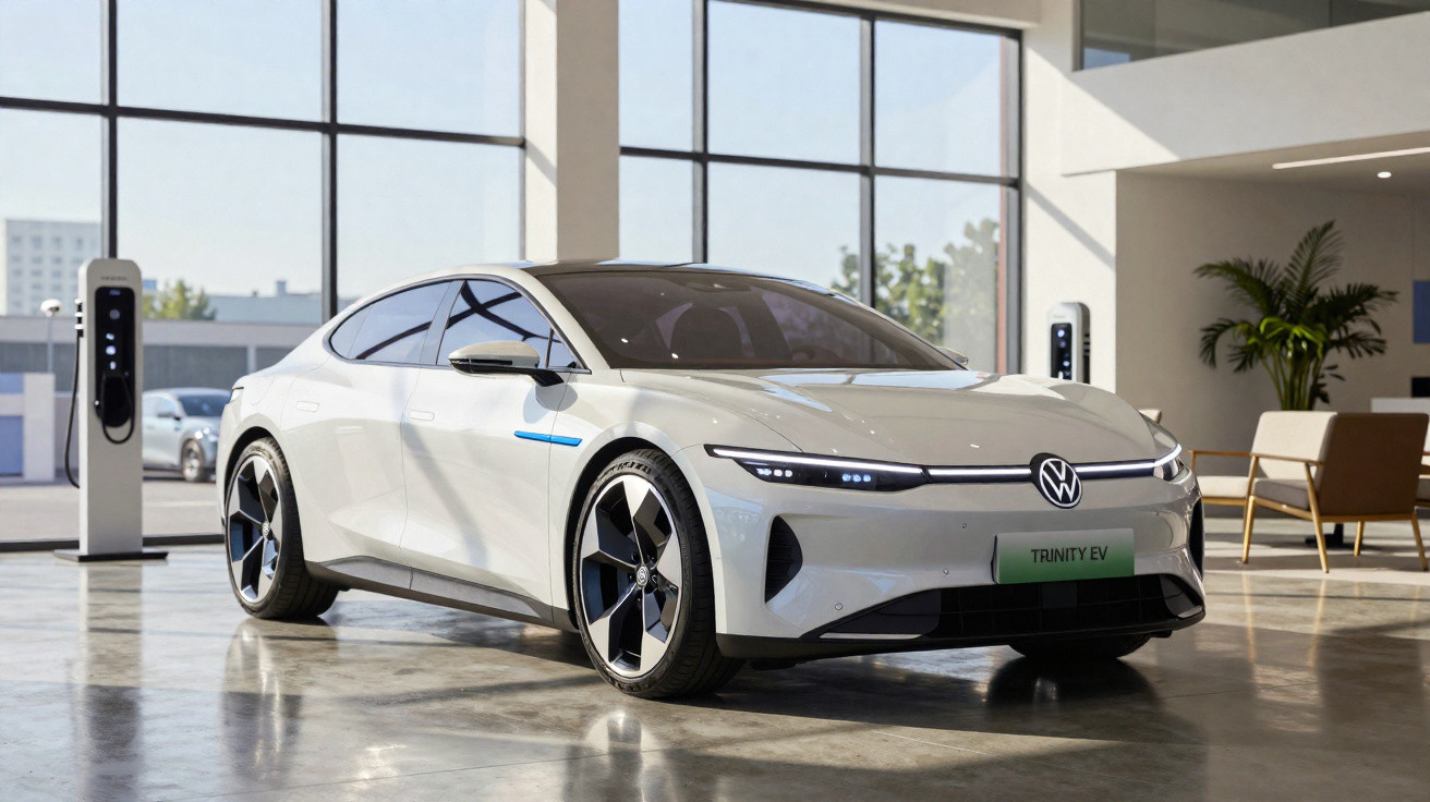 White Volkswagen Trinity EV electric car displayed indoors near charging stations and seating area.