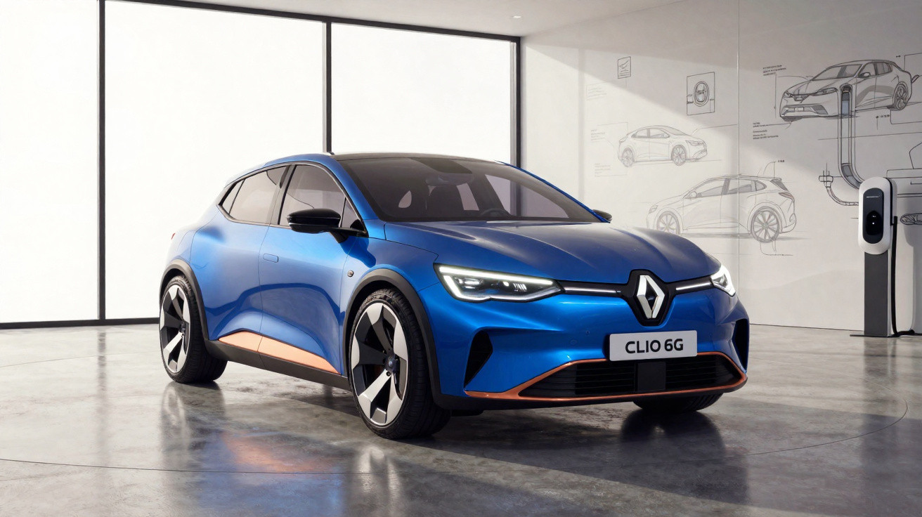 Blue Renault Clio 6G electric car displayed in a showroom with design sketches and charging station in background.