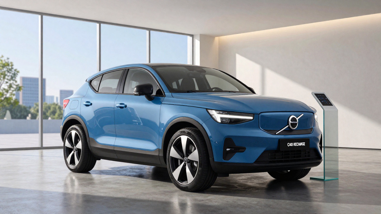 Blue electric Volvo SUV displayed in a modern showroom with large windows and information stand nearby.
