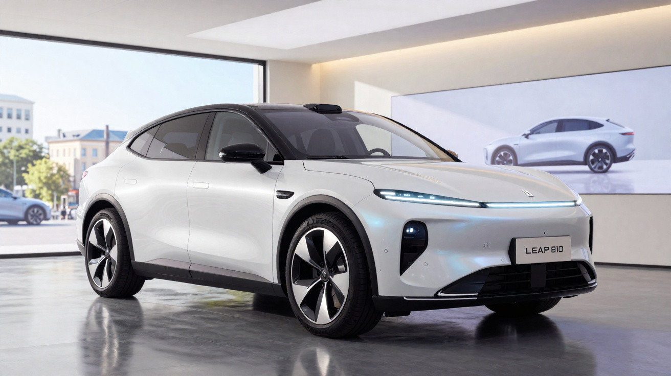 White Leapmotor electric SUV parked indoors with a black roof and futuristic LED headlights.