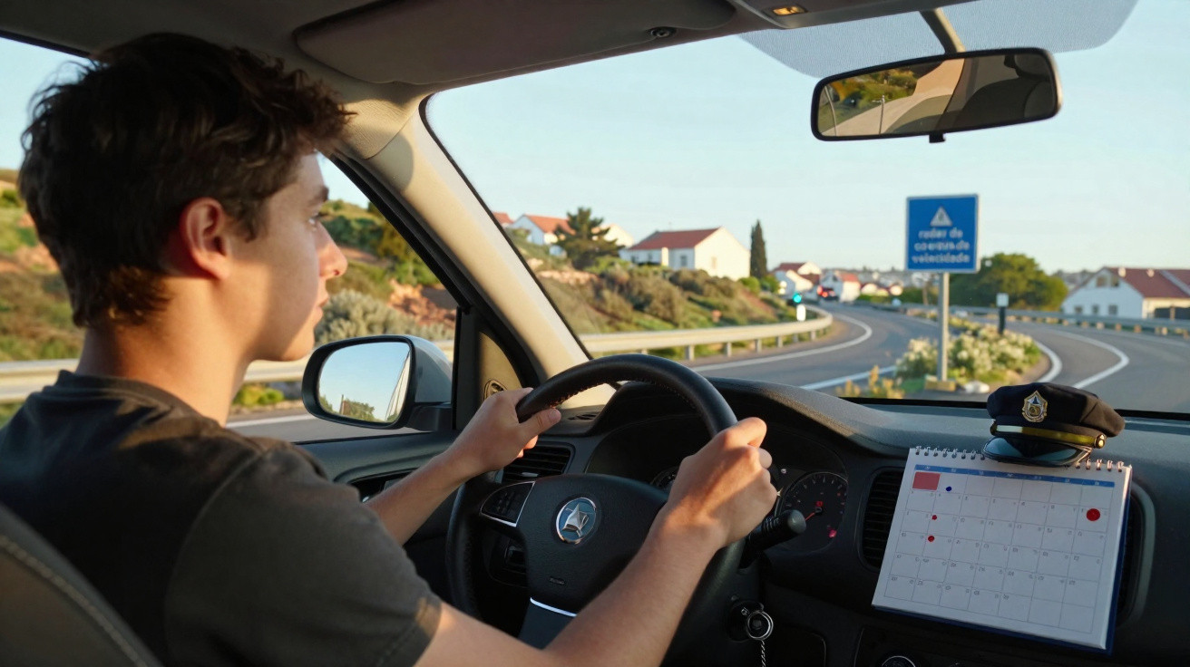 Young man driving a car on a sunny day on a curved road with a traffic sign visible ahead.