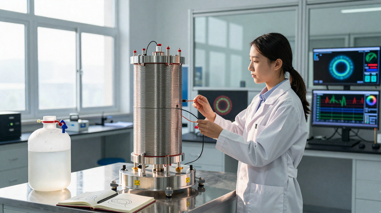 Scientist in a lab coat conducting an experiment with a large cylindrical metal apparatus in a bright lab.