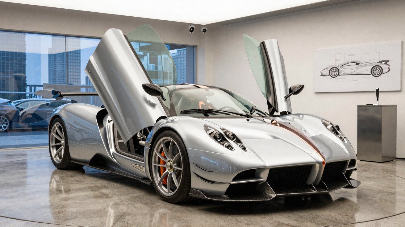 Silver sports car with butterfly doors open displayed in a modern showroom with city skyline windows.