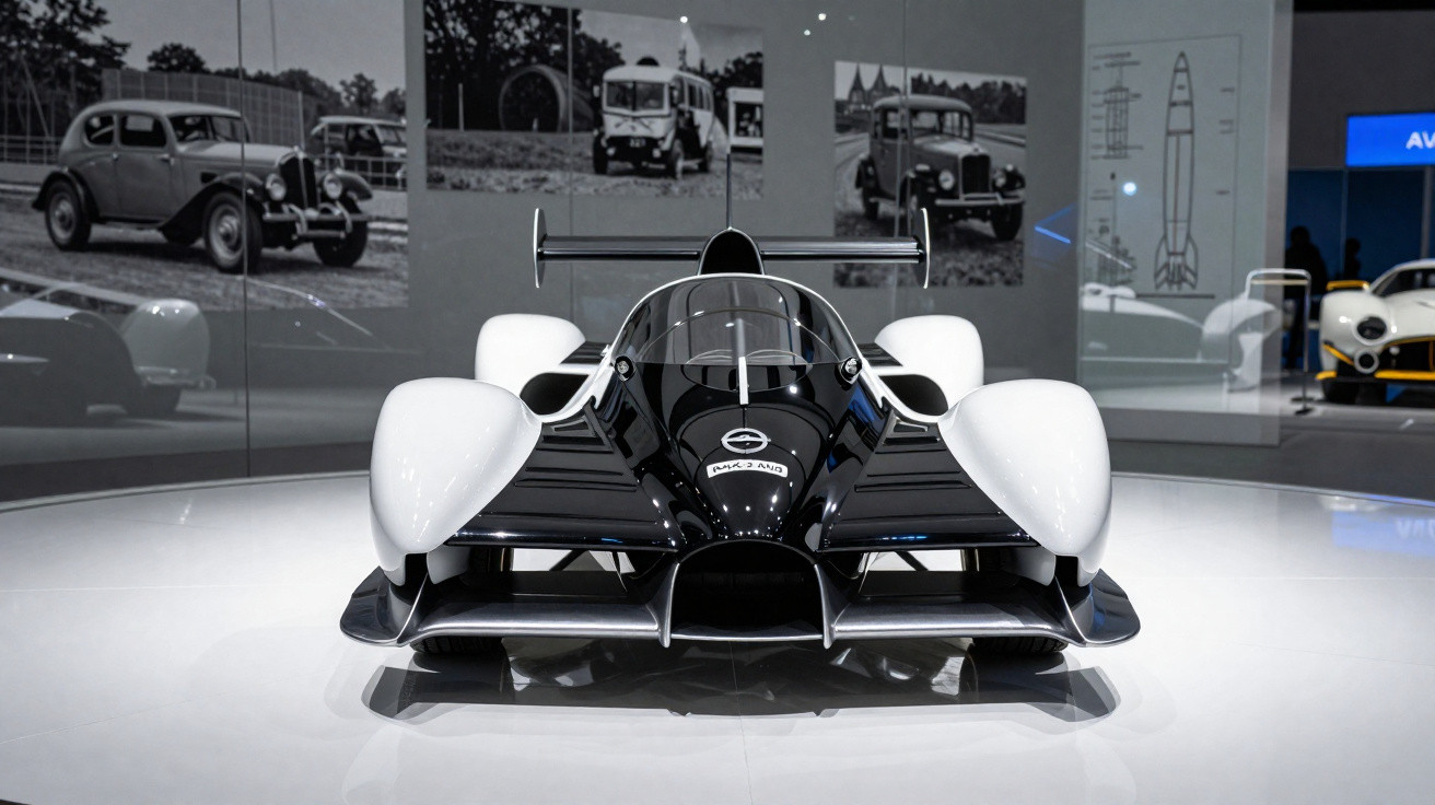 Front view of a sleek black and white futuristic race car in a modern museum setting.
