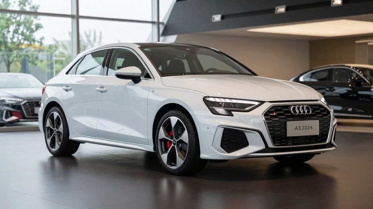White 2024 Audi A3 sedan displayed indoors with modern design and alloy wheels.