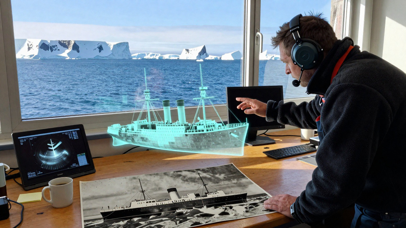 Man with headset interacting with a holographic ship model by a window showing icebergs and sea outside.