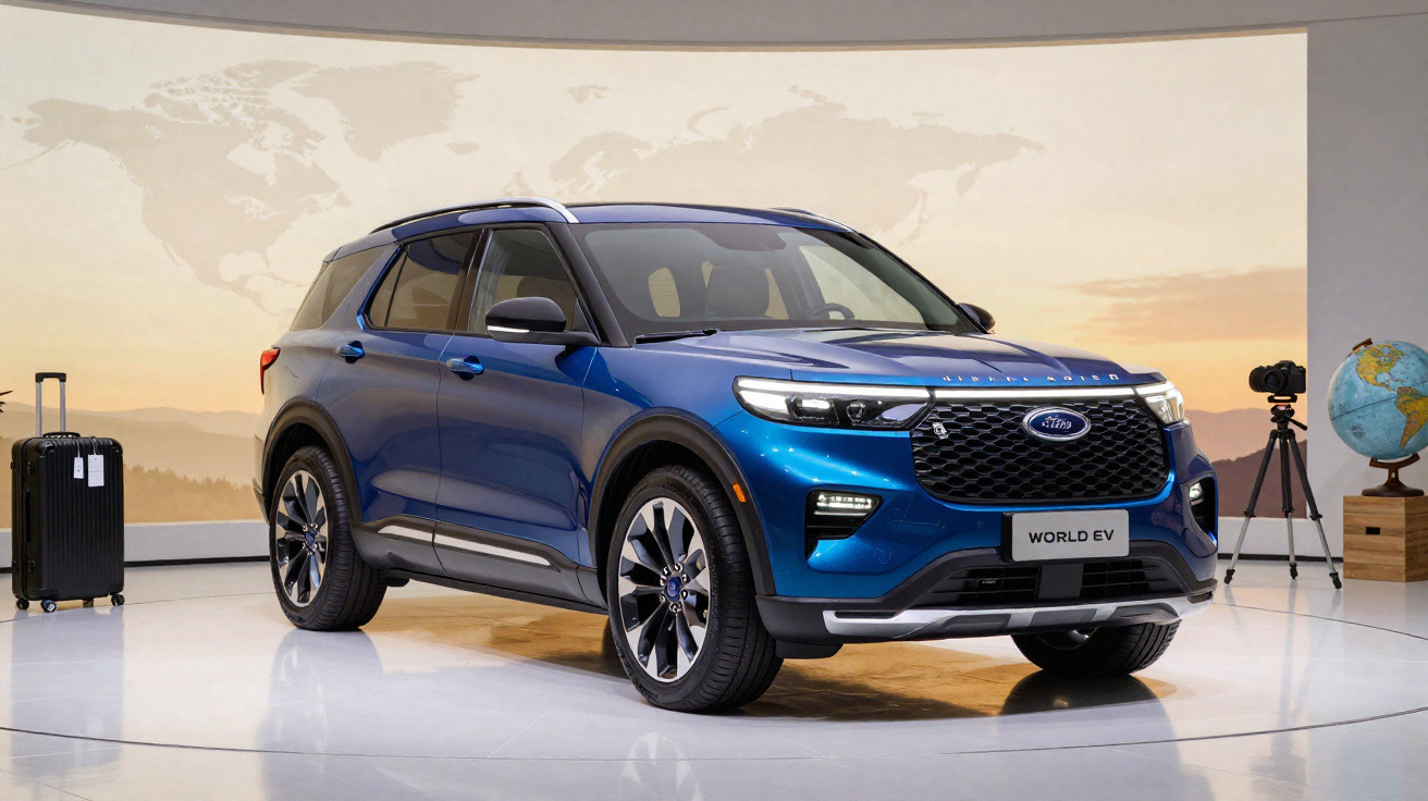 Blue Ford World EV SUV displayed indoors with suitcase, camera on tripod, world map and globe in background.