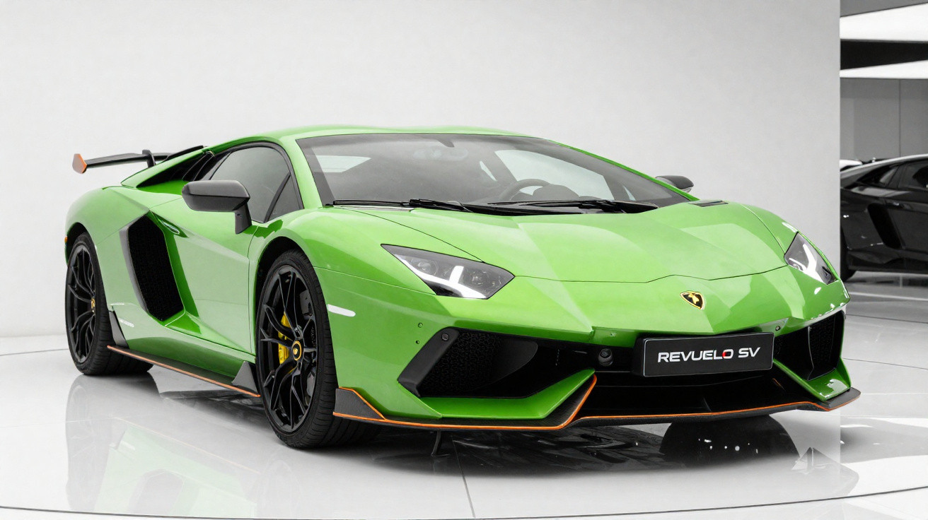 Bright green Lamborghini Revuelto SV sports car with black and orange accents displayed indoors on a glossy white floor.