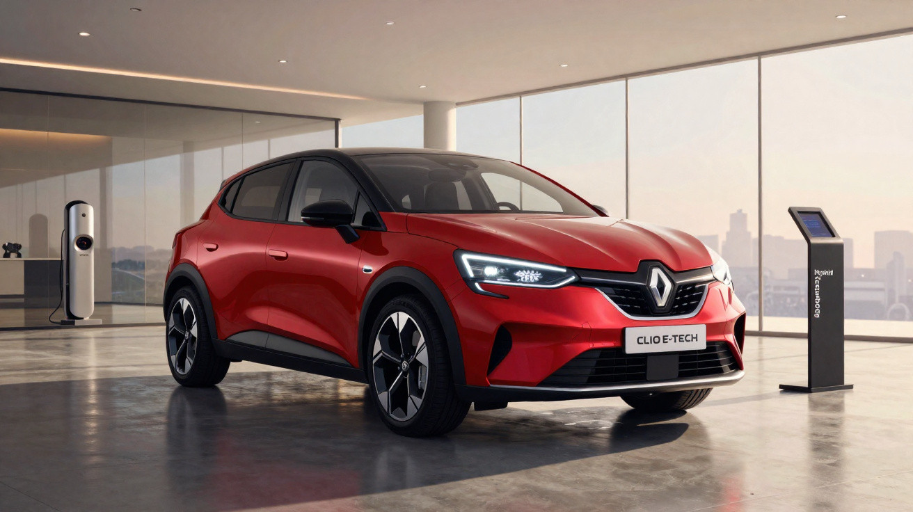 Red Renault Clio E-Tech electric car displayed in a modern showroom with large windows and charging station.