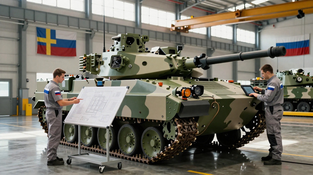 Two engineers inspecting a camouflaged military tank inside a large industrial hangar with flags displayed.