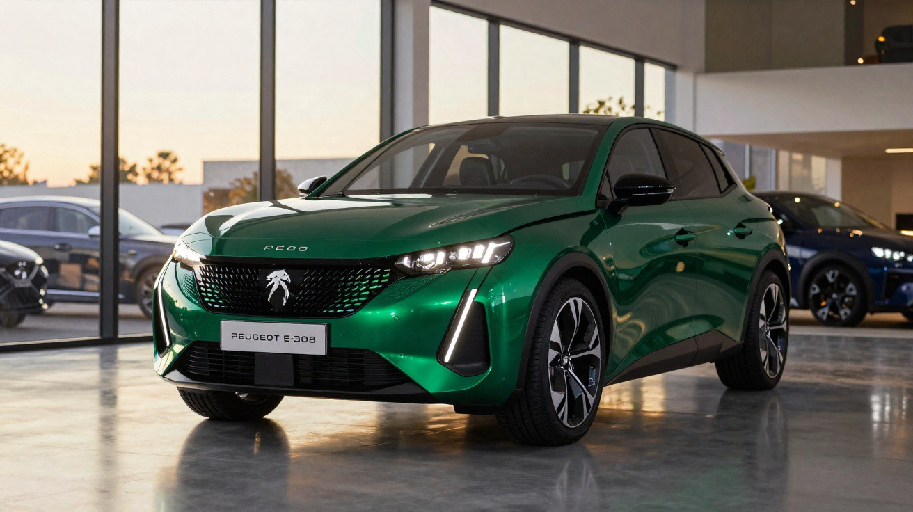 Shiny green Peugeot e-308 electric hatchback displayed inside a modern showroom with large windows.