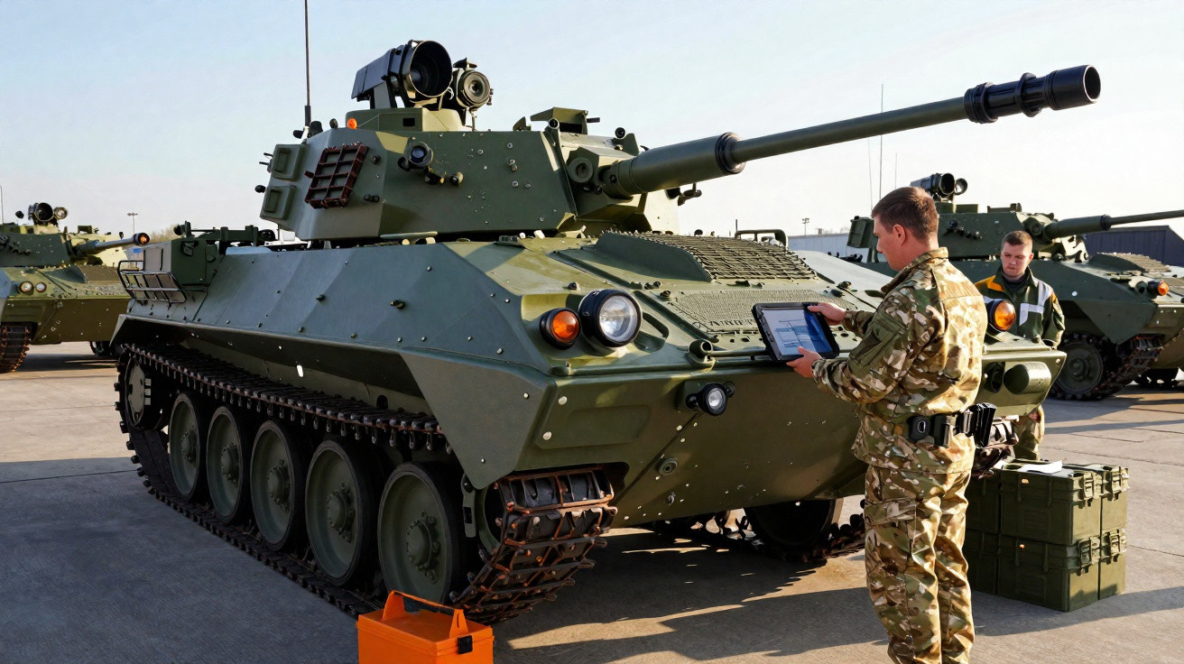 Two soldiers in camouflage uniforms inspecting a green military tank on a concrete surface.