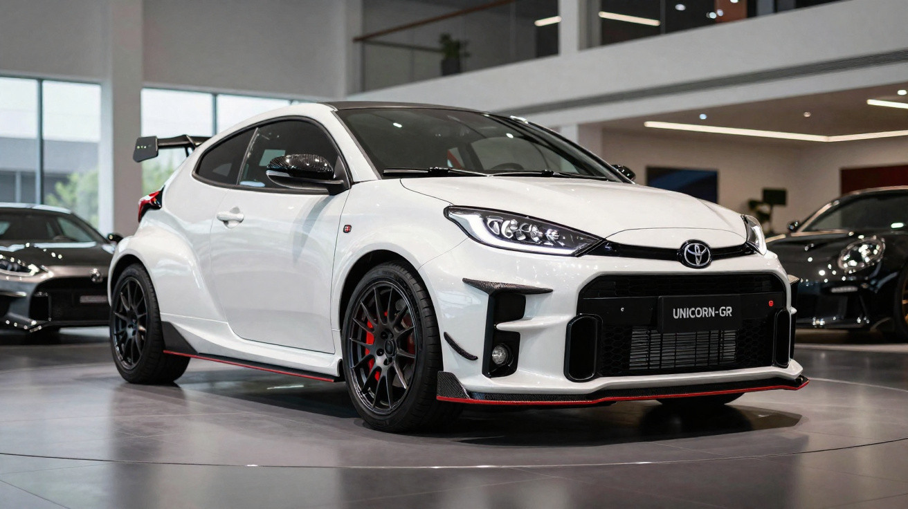 White Toyota GR sports car with black rims and red accents displayed indoors in a showroom.