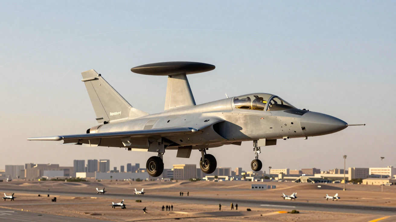 A grey military aircraft with a radar dome on top flying over a desert airfield with buildings in the background.
