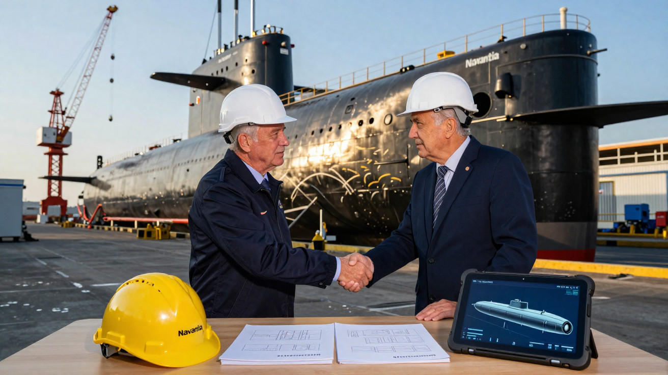 Two men in hard hats shaking hands by submarine, with plans and tablet displaying submarine model on table.