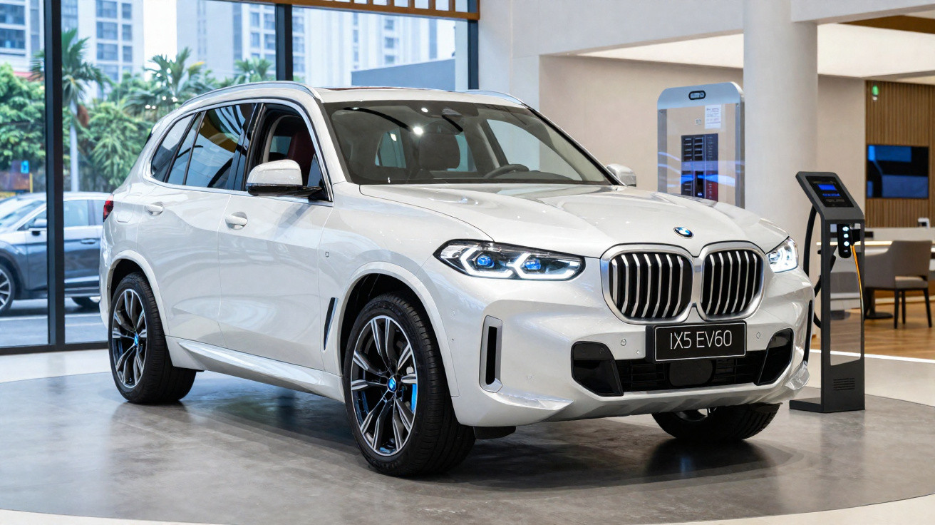 White BMW iX5 EV60 electric SUV displayed indoors near a charging station with city buildings visible outside.