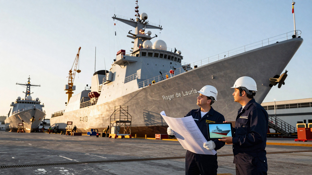 Two workers in hard hats inspecting naval ship Roger de Lauria at dockyard during sunset.