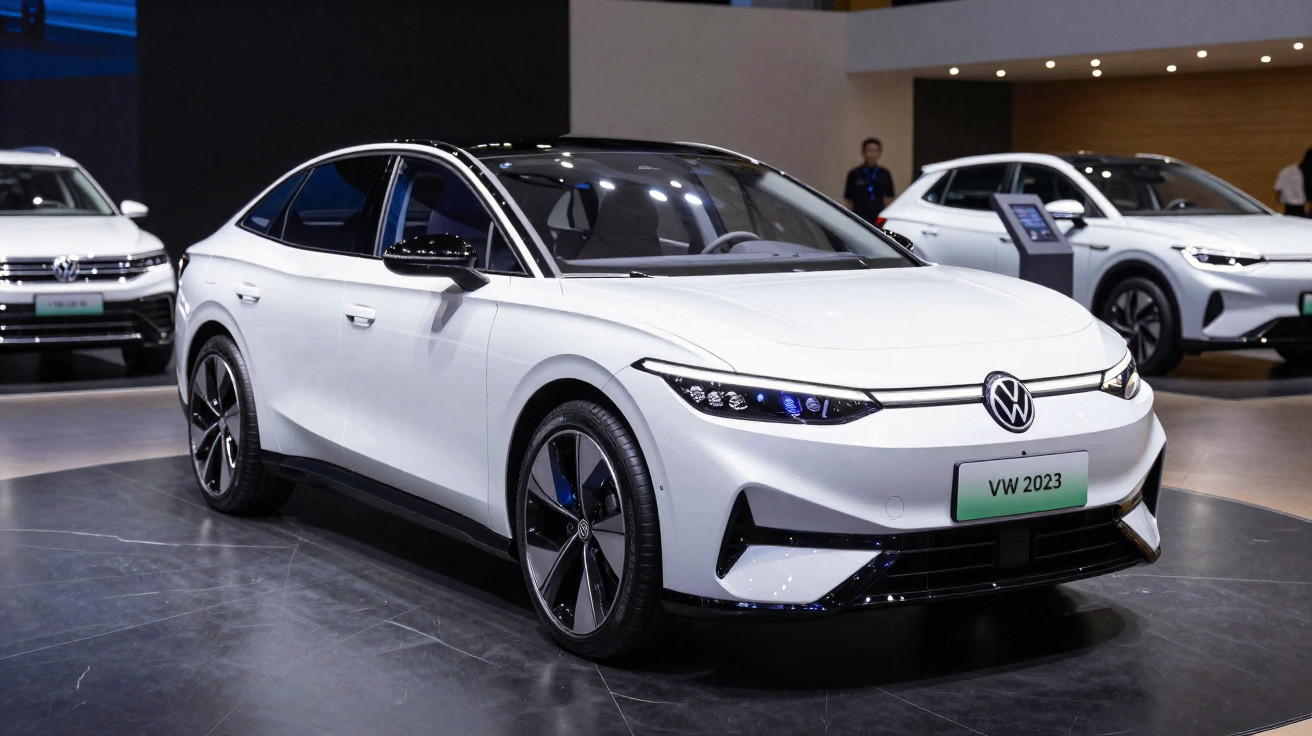 White Volkswagen electric sedan displayed at an indoor auto show with other cars in the background.