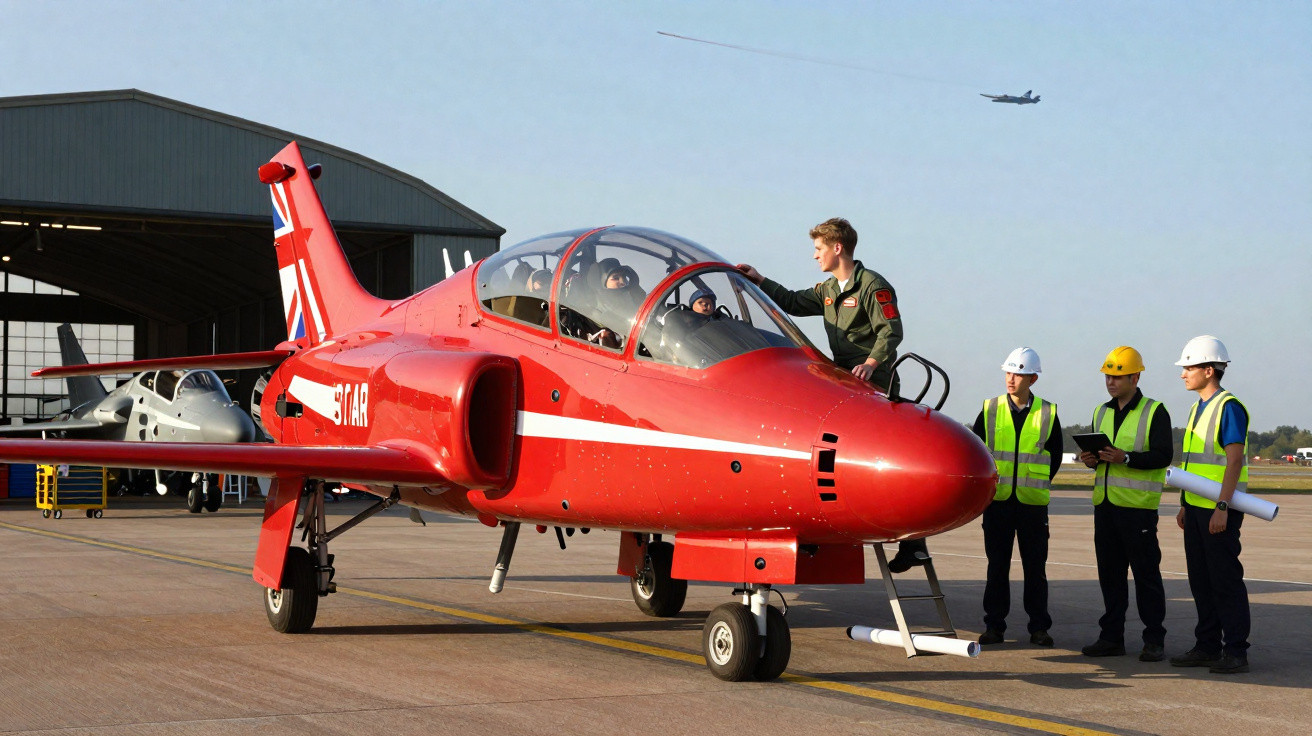 Red jet aircraft on tarmac with pilot and crew in high-visibility vests, and a bomber flying in the distant sky.