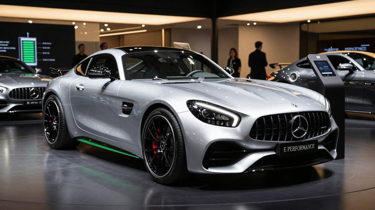 Silver Mercedes-Benz sports car displayed indoors with black wheels and red brake calipers under bright lights.