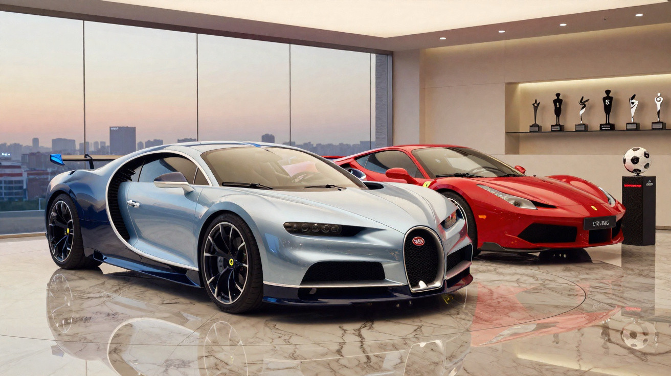 Silver and red luxury sports cars displayed in a modern showroom with trophies and city view at sunset