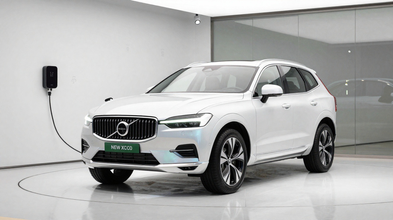 White Volvo XC60 electric car charging in a minimalist showroom with glass walls and white floor.