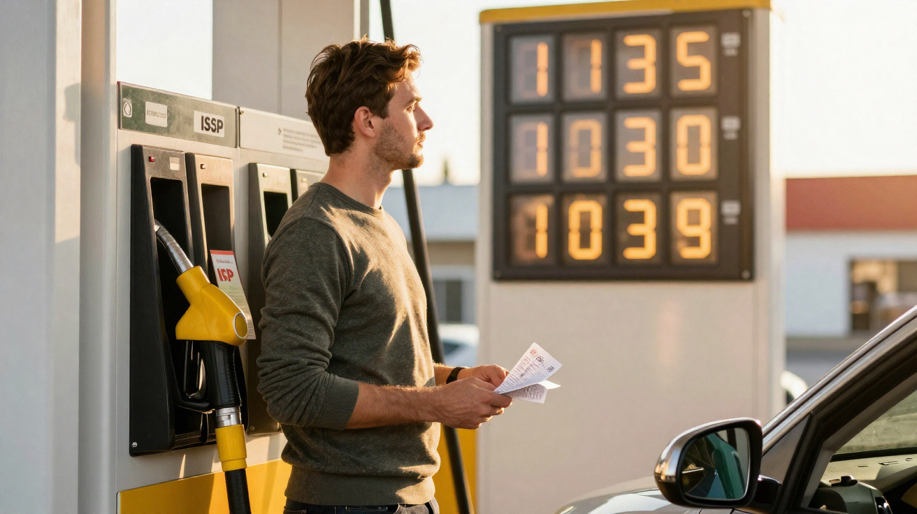 Man holding receipts standing next to a petrol pump with fuel prices displayed in the background.