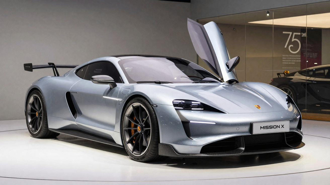Silver Porsche Mission X sports car with an open scissor door displayed in a showroom.