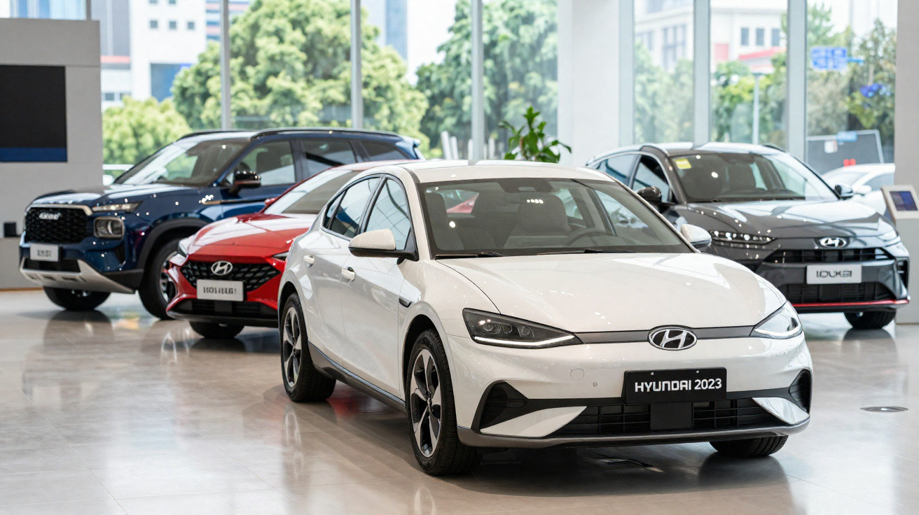 Four Hyundai 2023 model cars in a bright showroom with large windows and city view outside.
