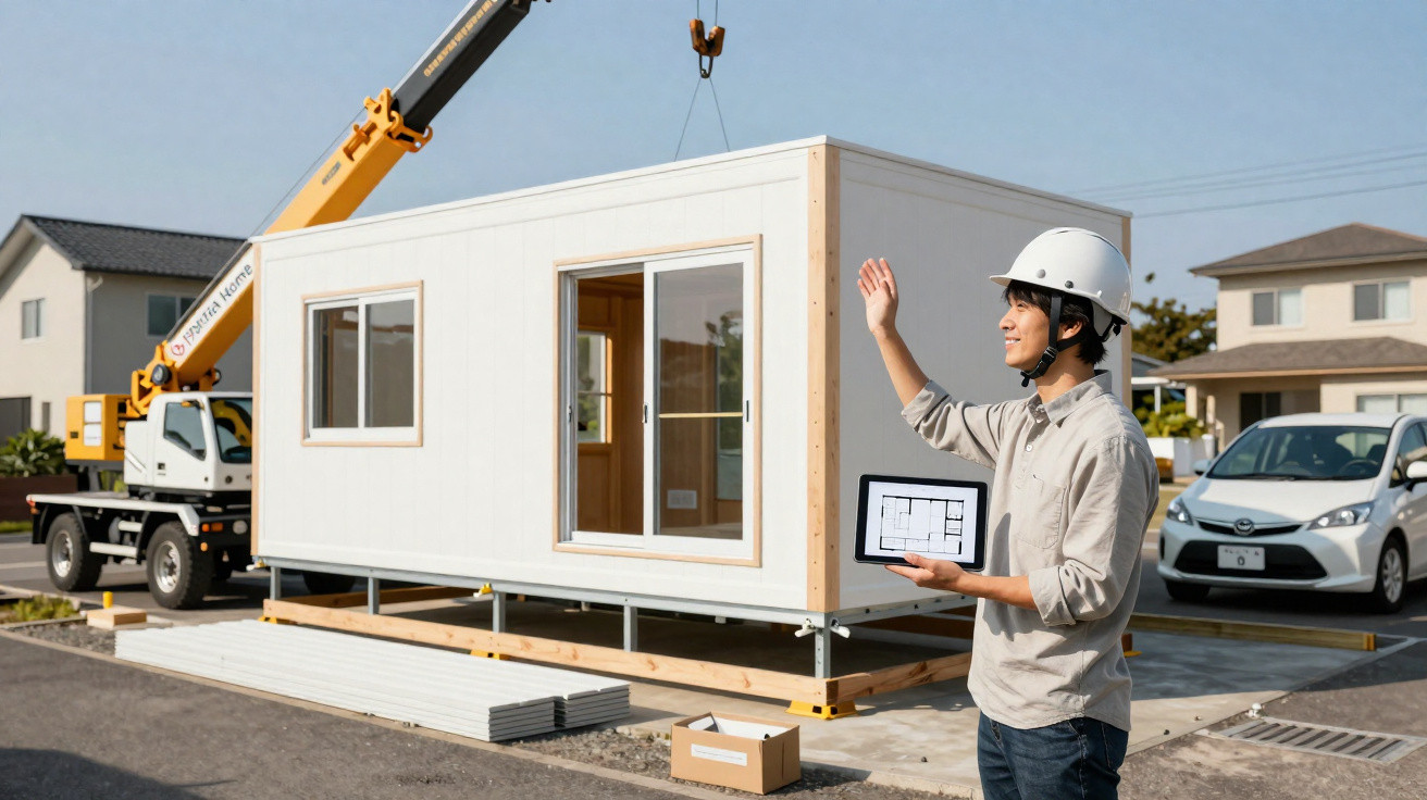Construction worker with helmet holding a tablet showing floor plan, guiding a crane lifting a modular home unit