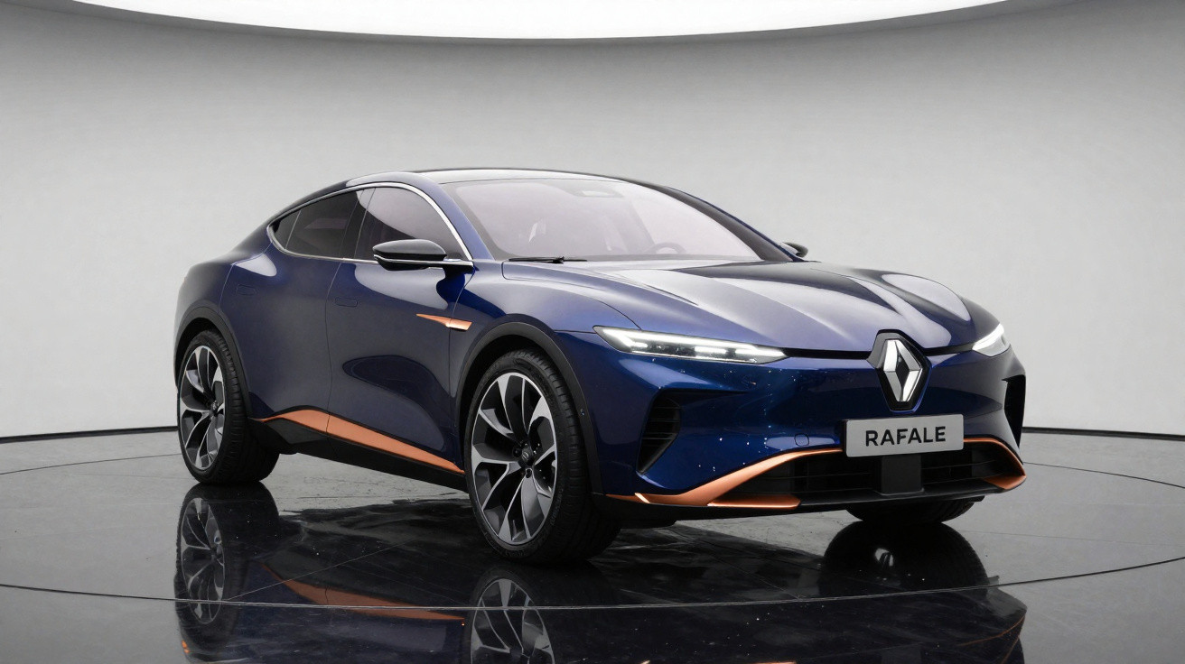 Blue Renault Rafale electric SUV with copper accents on a reflective black showroom floor