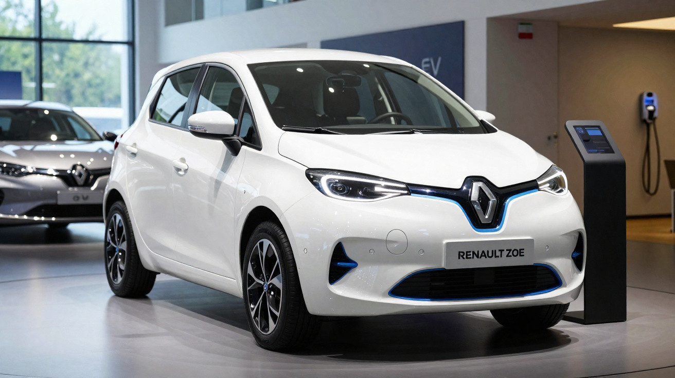 White Renault Zoe electric car displayed indoors with charging station and another car in the background.