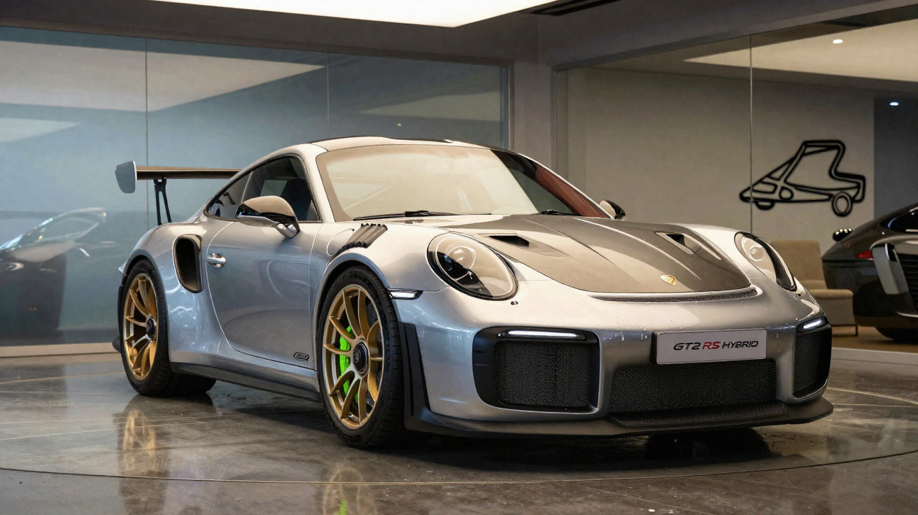 Silver Porsche 911 GT2 RS Hybrid sports car with gold alloy wheels displayed in a modern showroom.