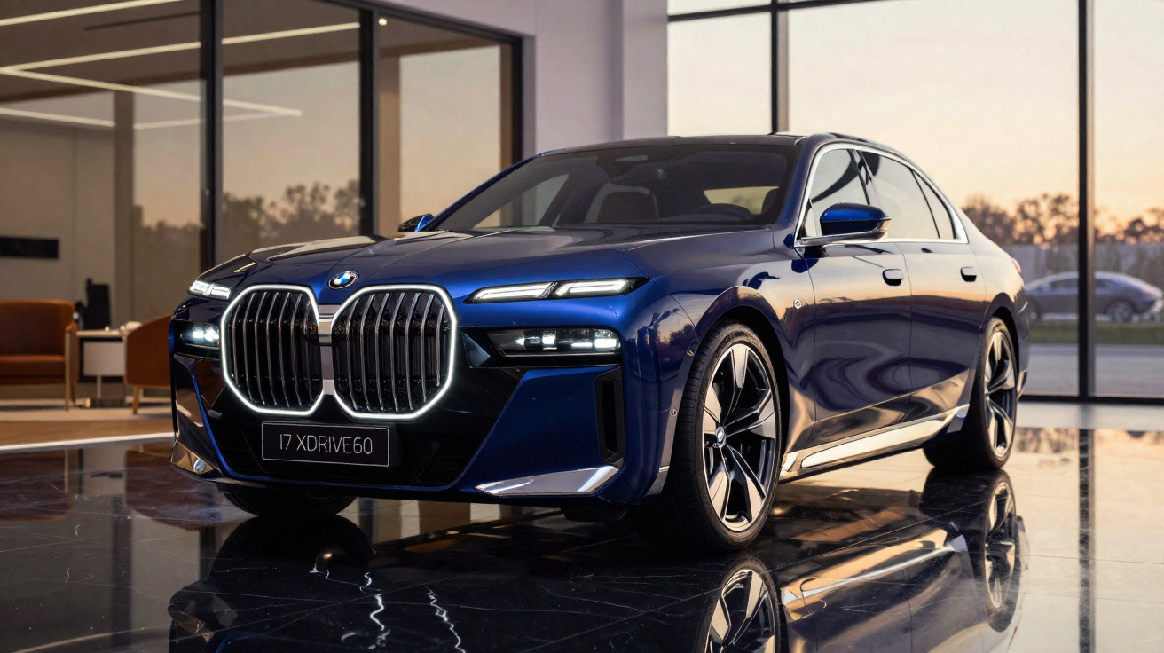 Blue BMW i7 xDrive60 luxury electric sedan displayed indoors with reflections on glossy black floor.