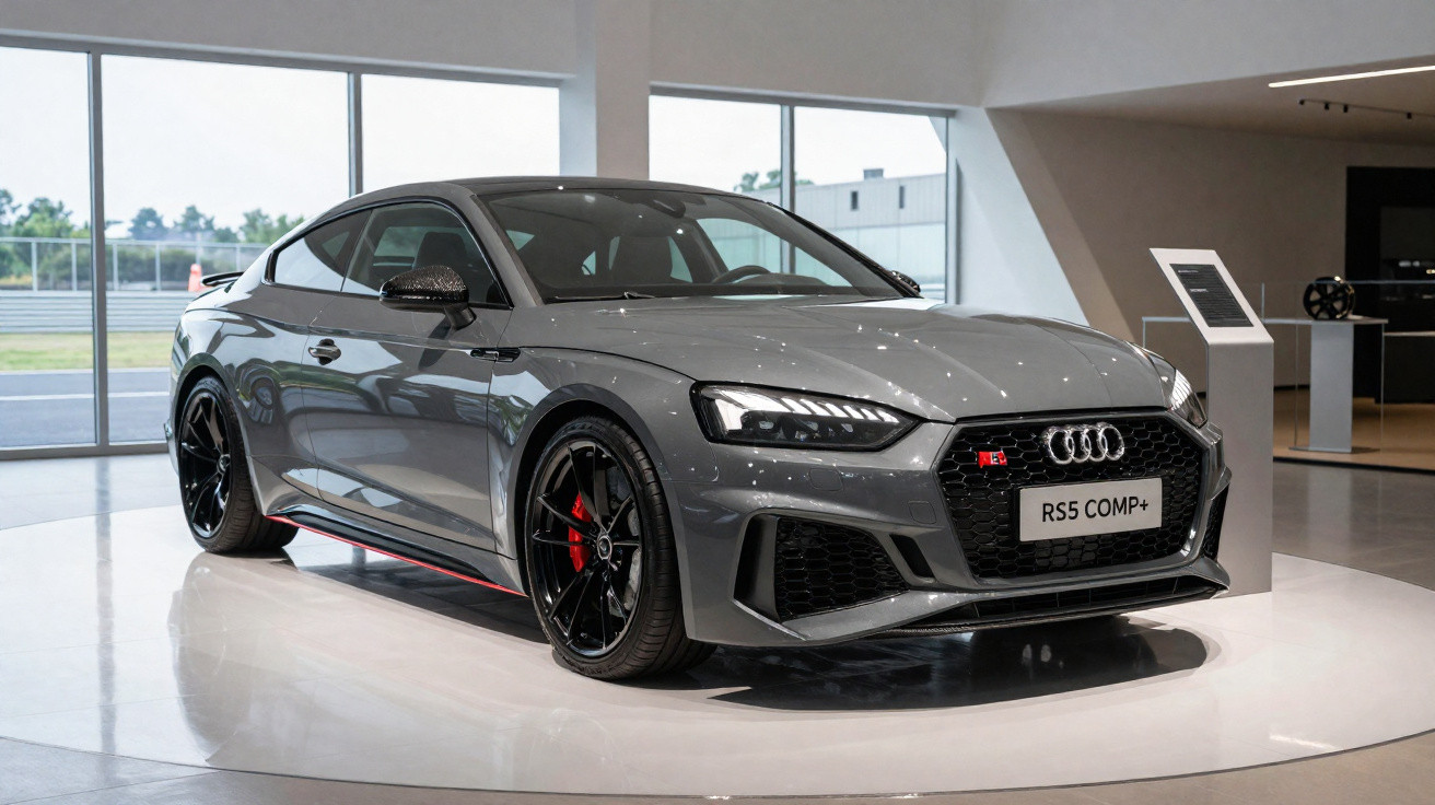 Grey Audi RS5 COMP+ sports car on display indoors with black wheels and red brake calipers.