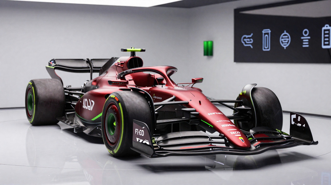 Red and black Formula 1 racing car with green accents displayed in a modern showroom.