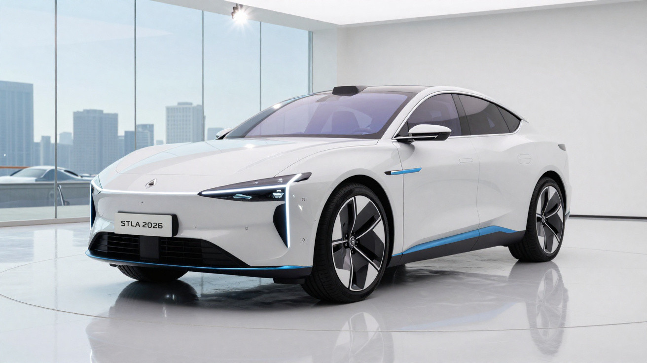White sleek electric sports car displayed in a modern showroom with large windows and city skyline view.