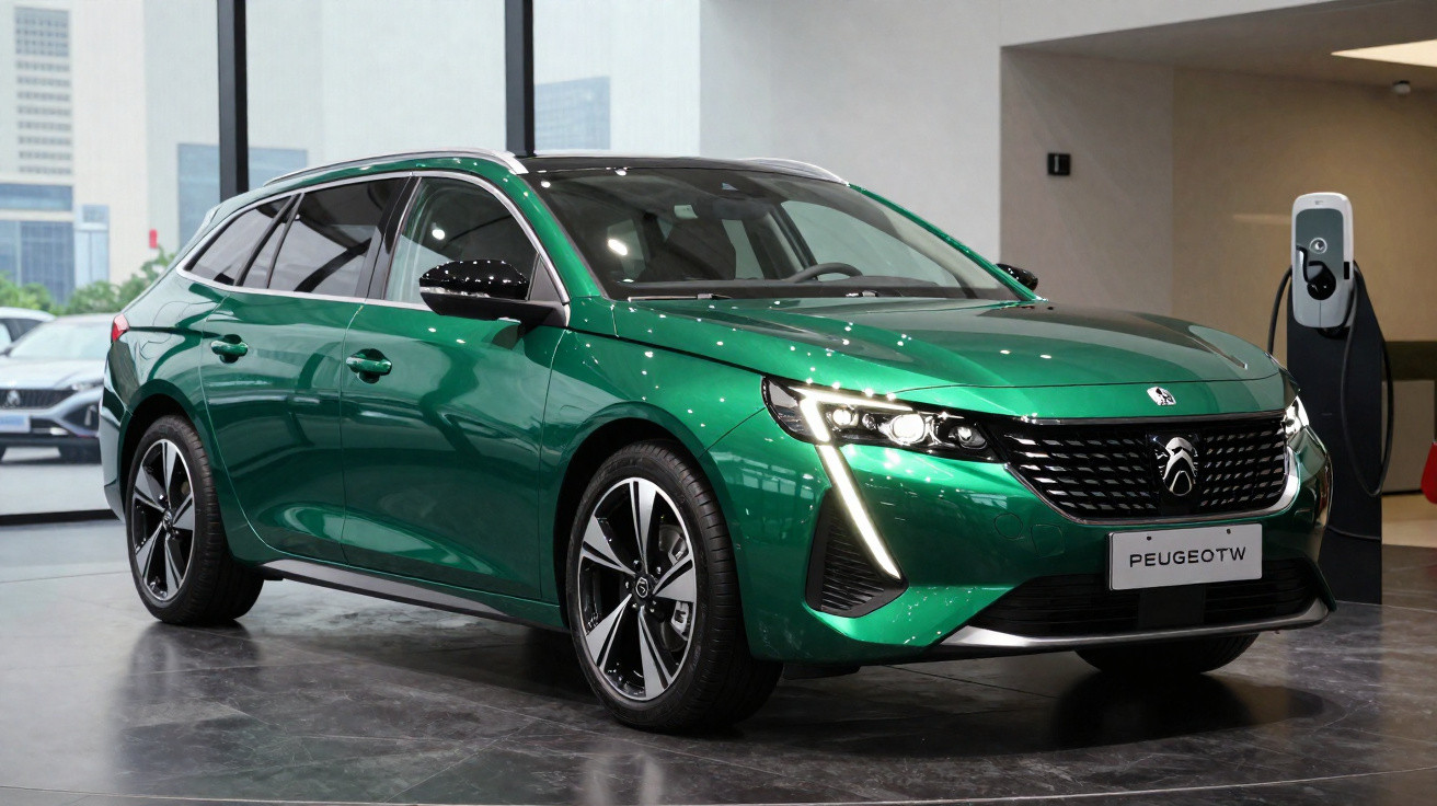 Green Peugeot electric estate car on display indoors near a charging station and large windows.