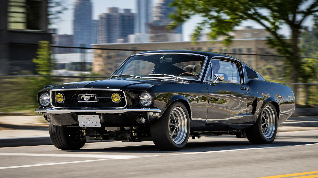 Black classic Ford Mustang driving on a city street with modern buildings and trees in the background.