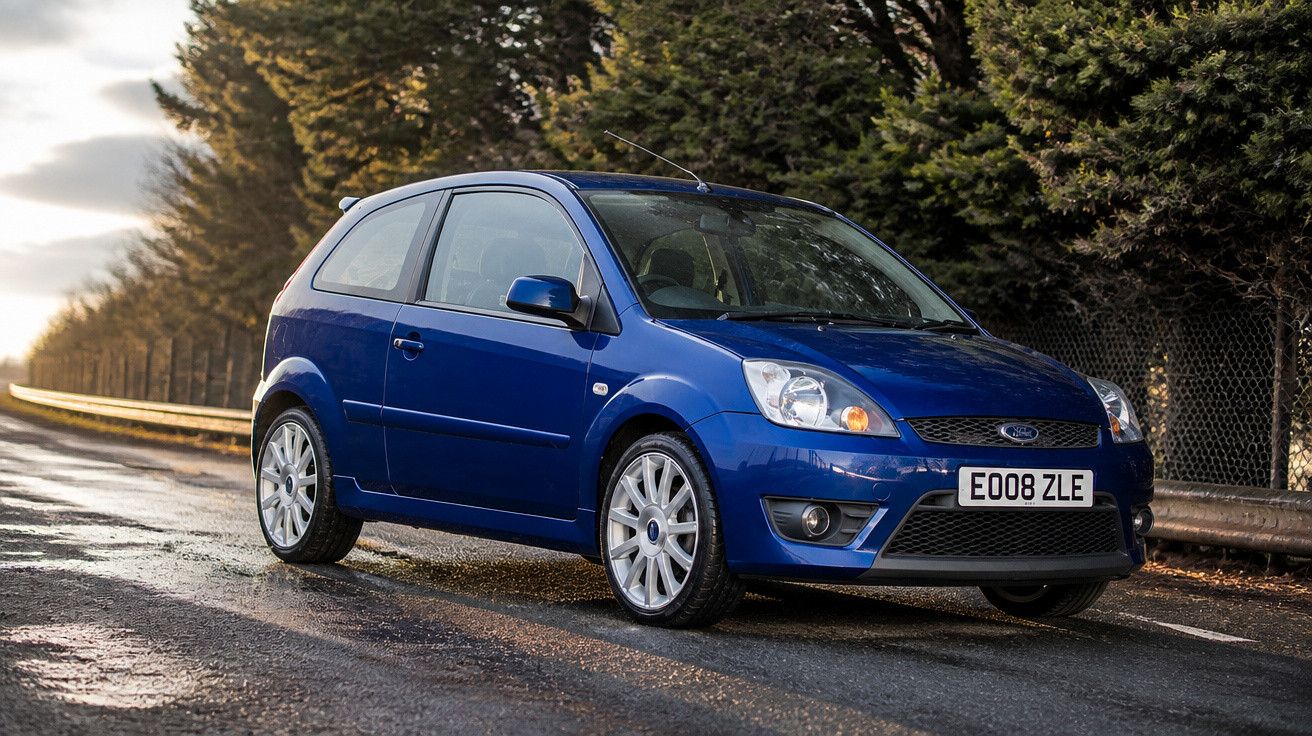 Blue Ford Fiesta hatchback parked on a wet road with trees and metal fencing in the background.