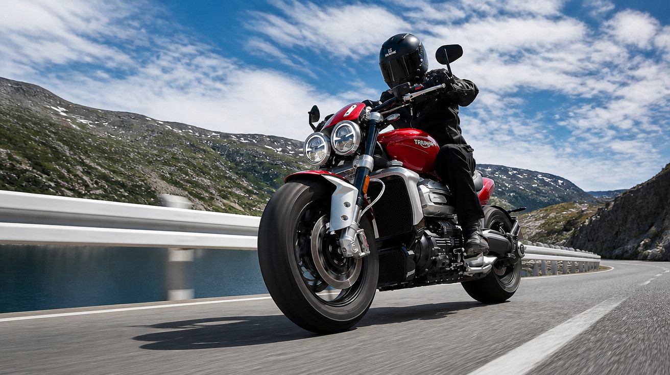 Motorcyclist in black gear riding a red Triumph motorcycle on a mountain road by a lake under blue sky.