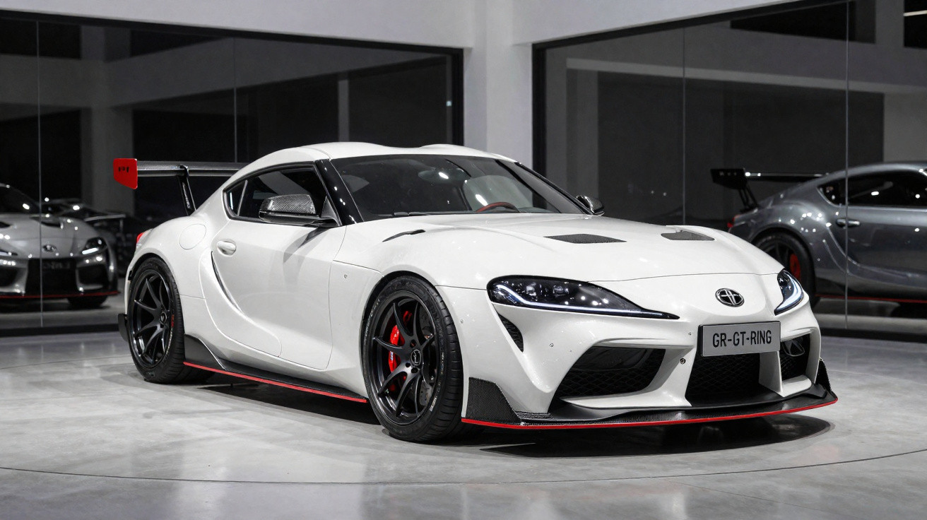 White Toyota GR Supra sports car with black wheels and red brake calipers in showroom with mirrored walls.