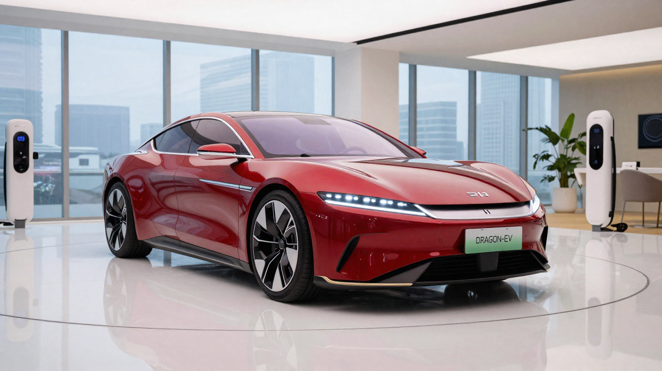 Sleek red electric sports car with modern LED headlights displayed in a spacious showroom with city views.