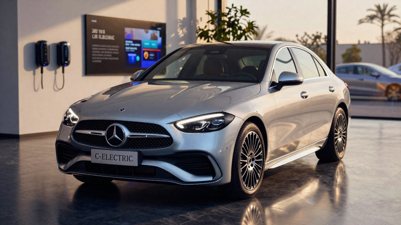 Silver Mercedes-Benz C-Electric car displayed indoors with sunlight and charging stations in the background.