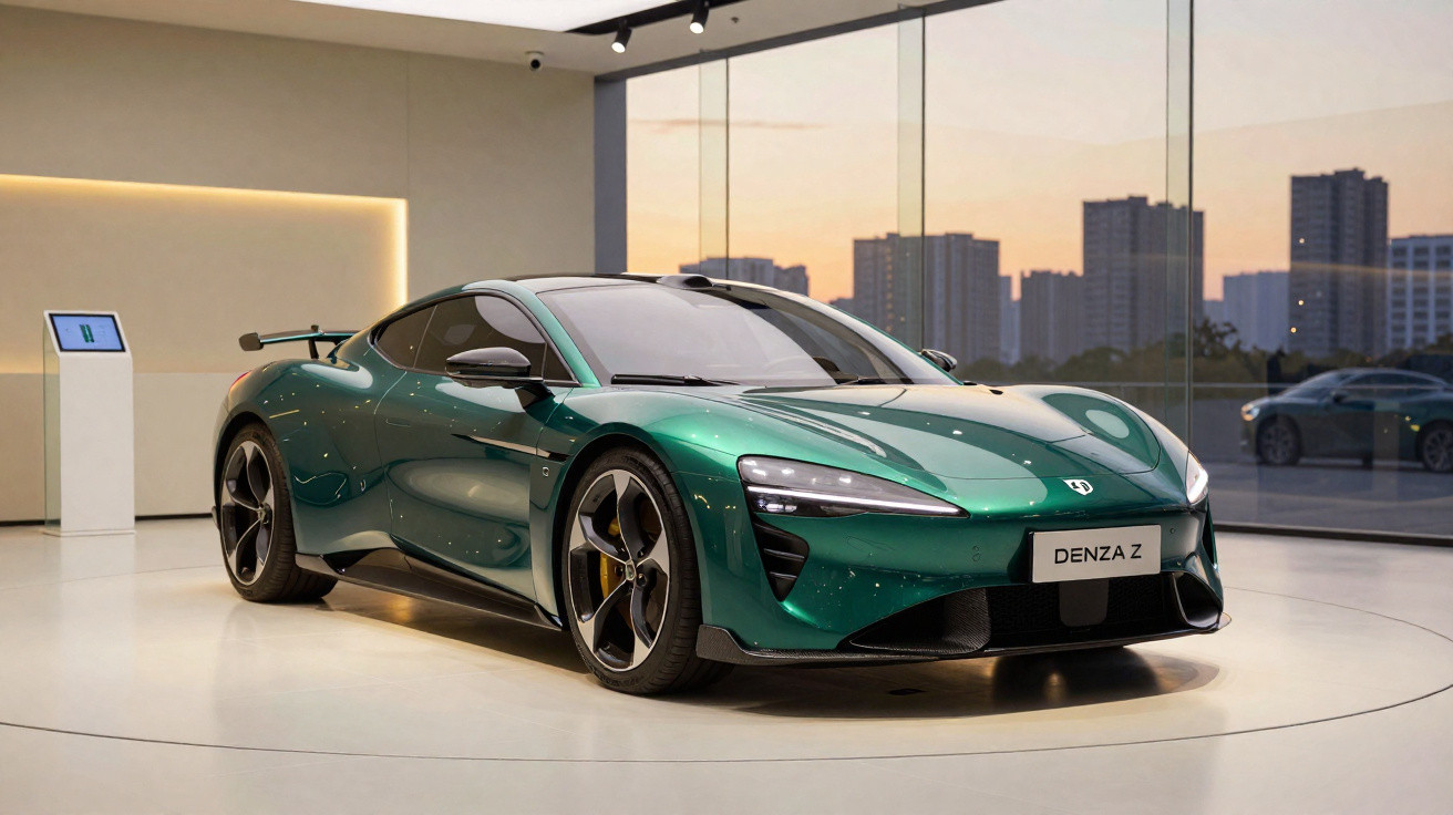 Green Denza Z electric sports car displayed in a modern showroom with cityscape visible through glass walls.