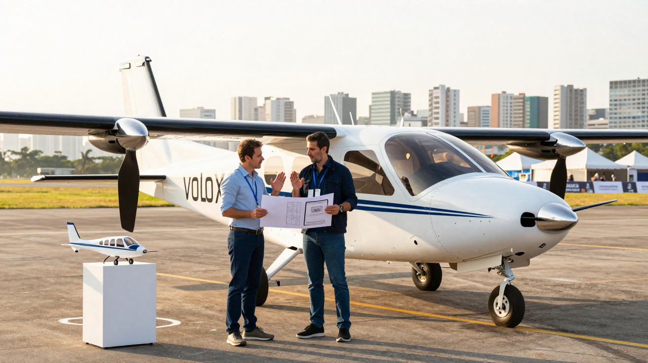 Two men discussing plans beside a small white aircraft on a runway with a city skyline in the background.