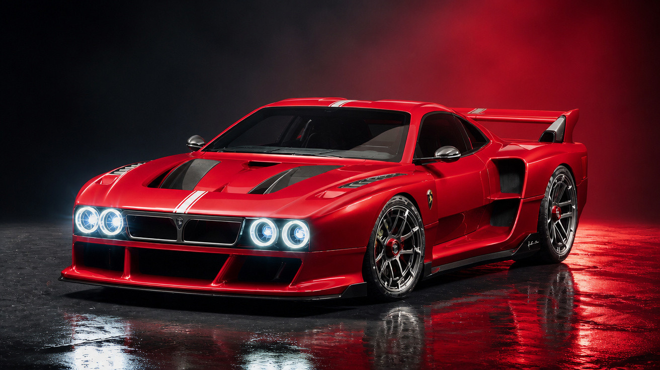 Red high-performance sports car with illuminated circular headlights on a wet reflective surface against a dark red backgroun